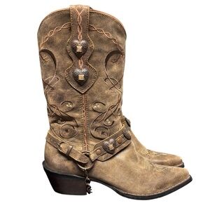 Durango | Dusk To Dawn Brown Distressed Leather Heart Embroidered Cowboy Boots